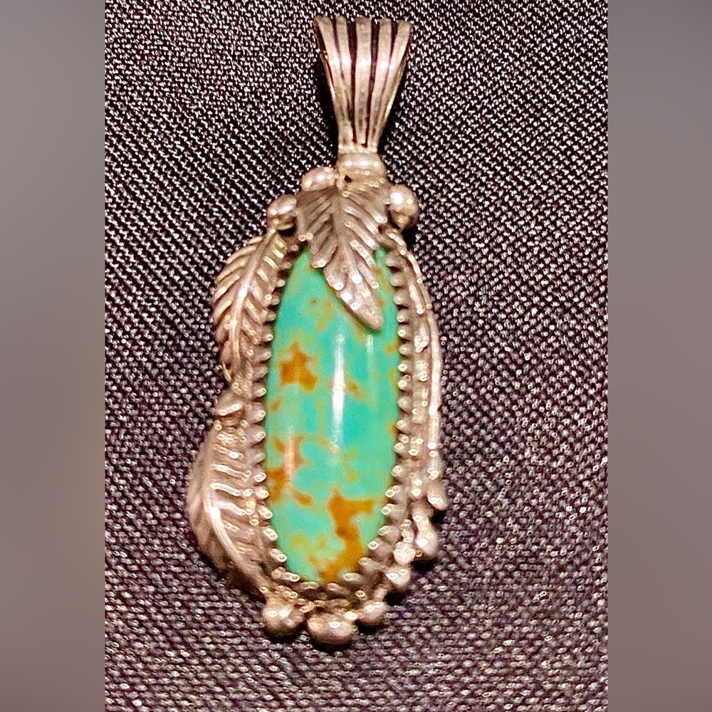 Carol Felley Blue Turquoise Sterling Silver Leaf Pendant Southwestern Vintage.